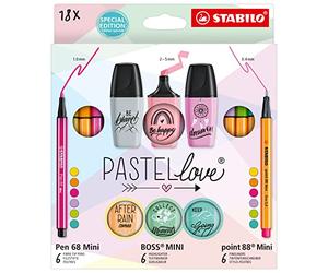 STABILO Pastellove - Coffret x 18 pièces : 6 feutres Pen 68 Mini + 6 stylos point 88 Mini + 6 surligneurs BOSS MINI Pastellove 2.0