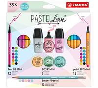 STABILO Pastellove - Coffret x 35 pièces : 12 feutres Pen 68 Mini + 6 surligneurs BOSS MINI Pastellove 2.0 + 12 stylos point 88 Mini + 5 crayons à papier Swano pastel