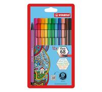 STABILO Pen 68 - Feutre dessin - Etui carton x 12 feutres de coloriage pointe moyenne - Coloris classiques