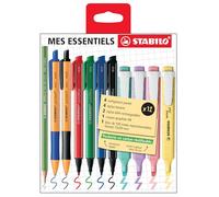 STABILO - Pochette zippée Mes essentiels x 12 stylos et crayons : 4 surligneurs swing cool Pastel + 4 stylos pointMax + 2 stylos pointball + 1 crayon GREENgraph + 1 bloc de notes adhésives en papier FSC
