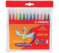 STABILO Power Max - Étui carton 12 feutres pointe large assortis, encre lavable, anti-dessèchement 8 semaines