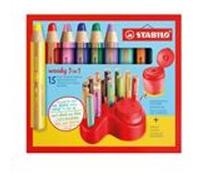 Crayons multi-talents - STABILO - Woody 3in1 - 15 crayons - Taille-crayon inclus - Plateau de rangement