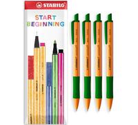STABILO Stylo à bille pointball - Largeur de trait 0,5 mm - Rechargeable et rétractable - Lot de 4 stylos dans une enveloppe cadeau - Encre verte