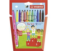 STABILO Trio A-Z - Feutre de coloriage - Étui carton x 12 feutres pointe moyenne - dont 2 fluo