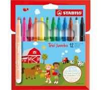 STABILO Trio Jumbo - Feutre de coloriage - Étui carton x 12 feutres pointe large - Coloris assortis