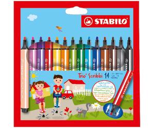 STABILO Trio Scribbi Coffret de 14 feutres de coloriage à pointe montée sur ressort