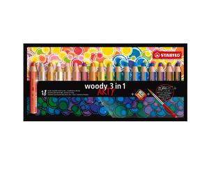 STABILO Woody 3-en-1 - Crayon multi-talents - ARTY - Lot de 18 - couleurs assorties avec taille-crayon et pinceau