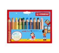 STABILO - Crayon de couleur - woody 3en1 - Etui carton x 10 crayons de couleur enfant - taille-crayon inclus - coloris assortis