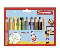 Stabilo Woody 3 En 1 Super Jumbo Crayons Trousse De 10 Assortis + Taille-Crayon