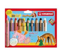 STABILO woody 3-in-1 - Crayon de couleur - Etui carton x 10 crayons de couleur aquarellables + 1 taille-crayon - Coloris assortis - Edition 30 ans de fun