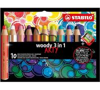 STABILO woody 3in1 ARTY - Crayon de couleur - Étui carton x 10 crayons de coloriage + 1 taille crayon - gamme ARTY