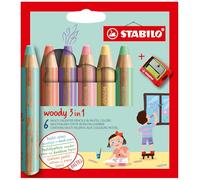 STABILO woody 3in1 - Crayon de couleur - Etui carton x 6 crayons de coloriage + 1 taille crayon - coloris pastel