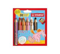 STABILO woody 3in1 - Crayon de couleur - Etui carton x 6 crayons de coloriage woody - Edition 30 ans de fun Licorne + 1 taille-crayon