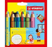STABILO woody 3in1 duo - Crayon de couleur - Etui carton x 6 crayons à mine bicolore + taille-crayon