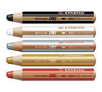 STABILO Woody Boîte de 5 crayons multi-talents 3 en 1 Argenté/doré/blanc/noir/rouge + taille-crayon