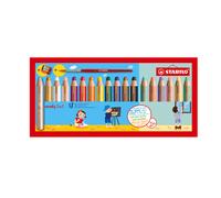 STABILO Woody Coffret de coloriage 3-en-1 - 18 pièces avec taille-crayon et pinceau | 12 couleurs standards + 6 pastels | Crayons aquarelles, crayons de cire et crayons de couleur