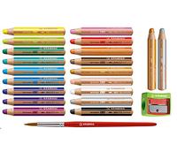 Stabilo Woody Lot de 20 crayons de couleur ronds 3 en 1 en bois multi-talents (20 crayons avec pinceau et taille-crayon, assortiment de 18 + 2 couleurs)