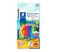 Staedtler Noris Aquarell, Crayons de couleur aquarellables avec système anti-casse, Utilisables à sec ou l'eau, Étui carton avec 12 crayons et 1 pinceau, 144 10NC12