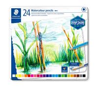 Staedtler Crayons de couleur aquarellables de haute qualité pour artistes, Utilisables à sec ou à l'eau, Mine douce et tendre de 3 mm, Boîte en métal avec 24 couleurs différentes assorties, 14610C C24
