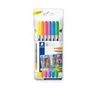 Staedtler 3200 C6F Lot de 3200 feutres à double pointe « fluo », deux pointes pour lignes étroites et larges, étui de 6 feutres double fibre aux couleurs assorties