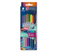 Staedtler 3280C6E2-1 Lot de 6 feutres bicolores, deux pointes, deux couleurs différentes, largeur de trait 3 et 1 mm, étui en carton avec 6 feutres de couleurs assorties