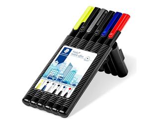 Staedtler - 34 SB6B - Etui chevalet Compose de: 1 Feutres super fin Noir + 1 Feutre super fin Bleu + 1 Roller Bleu + 1 Stylo Bille Noir + 1 Surligneur + 1 porte-mine 0, 5 mm - Noir/Bleu - Lot de 1
