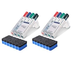 Staedtler 351 WP4 Lumocolor Lot de 4 marqueurs pour tableau blanc avec effaceur 2 Crayons + effaceur bleu.
