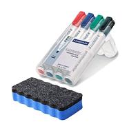 Staedtler 351 WP4 Lumocolor Marqueur pour tableau blanc, 4 pièces dans coffret aufstellbarer STAEDTLER, couleurs assorties en BONUS PACK avec tableau blanc Extincteur, coleurs assorties, 4er Marker Set + Löscher