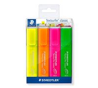 Staedtler 364 P WP4 Textsurfer Classic, Surligneurs Fluorescents Et Translucides De Haute Qualité Résistants Aux Uv, Pointe Biseautée De 1 À 5 Mm, Étui Plastique Avec 4 Surligneurs Assortis