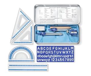 STAEDTLER 557 Kit de géométrie - 10 pièces, étui métallique | Compas, équerres, rapporteur & règle 15 cm en étui métal - pour l’école - Art.-Nr. 557 10