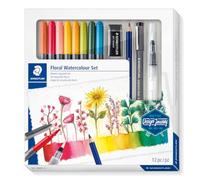 Staedtler 61 3001-1 design Journey ensemble D'Aquarelles Motif Floral | 8 feutres à double pointe, crayons aquarellables, pinceau à eau et gomme - motifs floraux - Réf. 61 3001-1