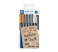 Staedtler Metallic Marker, Feutres métalliques à pointe pinceau pour loisirs créatifs et écriture stylisée, Encre pigmentée à base d'eau, Étui plastique avec 6 feutres et 1 Pigment Liner, 8321 TB7