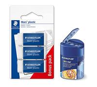Staedtler boîte à Crayons Double et 3 gommes Mars Plastic, sans phtalates ni Latex, Faible Formation de miettes, Blanc, Faible Usure