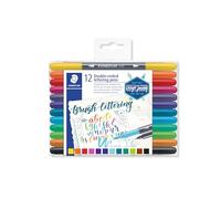 Staedtler Brush Letter Duo, Feutres de coloriage à double pointe pour lettrage au pinceau, Pointe pinceau 1-6 mm et pointe fine 0.5-0.8 mm,Étui plastique avec 12 feutres différents assortis, 3004 TB12