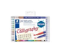 Staedtler Calligraph Duo, Feutres à deux pointes pour calligraphie, Pointe biseautée de 2.0 mm et de 3.5 mm, Étui en plastique avec 24 feutres de calligraphie assortis, 3005 TB24