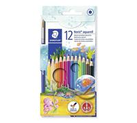 Staedtler Crayons de couleur Noris Aquarell – Aquarellables, anti-casse – Étui carton 12 + pinceau
