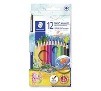 Staedtler Crayons de couleur Noris Aquarell – Aquarellables, anti-casse – Étui carton 12 + pinceau