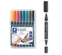 Staedtler Crayon permanent universel Lumocolor Set de 8 couleurs et marqueur Lumocolor à deux pointes, résistant à l'eau et à l'effacement, sèche en quelques secondes, rechargeable