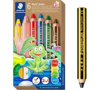 STAEDTLER Crayons de couleur 3 en 1 pour enfants Noris junior, crayons colorés, crayons à la cire et aquarelle, mine très épaisse, extra incassable, idéal pour les enfants, 6 couleurs, taille-crayon