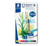 Staedtler Crayons de couleur aquarellables de haute qualité pour artistes, Utilisables à sec ou à l'eau, Mine douce et tendre de 3 mm, Boîte en métal avec 12 couleurs différentes assorties, 14610C M12