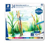 Staedtler Crayons de couleur aquarellables de haute qualité pour artistes, Utilisables à sec ou à l'eau, Mine douce et tendre de 3 mm, Boîte en métal avec 24 couleurs différentes assorties, 14610C C24
