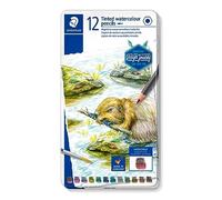 Staedtler Crayons de couleur aquarellables teintés de haute qualité pour artistes, Utilisables à sec ou à l'eau, Mine douce et tendre de 3 mm, Boîte en métal avec 12 couleurs différentes, 14610T M12