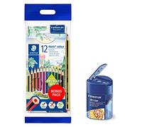 Staedtler Crayons de Couleur Noris Colour 12 pièces, Surface Souple antidérapante, Haute résistance à la Rupture, Pack Bonus avec Gomme, Crayon et Double Taille-Crayon