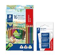 Staedtler Crayons de Couleur Noris Colour 16 pièces, résistance Accrue à la Rupture, Forme Triangulaire, Surface Souple Ergonomique et 3 gommes Mars Plastic