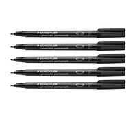 Staedtler Feutre Lumocolor permanent, résistant à l'eau et à l'effacement sur presque toutes les surfaces, largeur de ligne F 0,6 mm, rechargeable, longue durée de vie, 5 feutres noirs universels