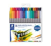 Staedtler Feutres à double pointe pour écriture et coloriage, Pointe fine de 0.5-0.8 mm et pointe compacte extra-large de 3 mm, Étui plastique avec 36 couleurs lumineuses différentes, 3200 TB36