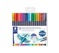 Staedtler Feutres de coloriage aquarellables à double pointe, Pointe pinceau 1-6 mm et pointe fine 0.5-0.8 mm, Étui plastique avec 18 couleurs différentes assorties, 3001 TB18