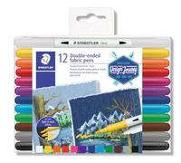 Staedtler Feutres Permanents à double Pointe pour Textiles, pour Créations et marquages personnalisés sur Le tissu, Gamme Design Journey, Étui Plastique avec 12 Feutres Permanents Assortis, 3190 TB12