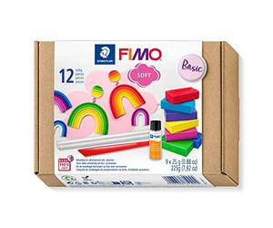 STAEDTLER FIMO soft 8023 Coffret débutant - 9 x 25 g, vernis & 2 outils | Pâte polymère durcissant au four, souple & mélangeable, vernis brillant - kit complet débutant - Art.-Nr. 8023 10