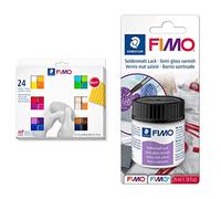 Staedtler FIMO Soft, Assortiment de 24 demi-pains de pâte aux couleurs vives & FIMO 8705, Vernis mat satiné résistant aux intempéries et aux UV, Flacon de 35 ml sous étui blister